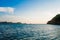 Beautiful outdoor view of caribean beach with huge mountain behind, Taganga, Colombia