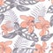 Beautiful outline Floral pattern hibiscus flowers and gray tropical leaves.