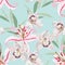 Beautiful outline Floral pattern pink lily and white orchid flowers and mint herbs. Botanical Motifs random. Seamless texture.