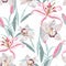 Beautiful outline Floral seamless pattern pink lily and white orchid flowers and mint herbs.