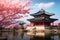 Beautiful pagoda and cherry blossom in Gyeongbokgung Palace, Seoul, South Korea, Gyeongbokgung palace with cherry blossom tree in