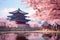 Beautiful pagoda and cherry blossom in Gyeongbokgung Palace, Seoul, South Korea, Gyeongbokgung palace with cherry blossom tree in