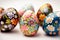 Beautiful Painted Easter Eggs in different colors and patterns in a nest on a wooden floor on a bright sunny day. Generative AI