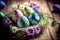 Beautiful Painted Easter Eggs in different colors and patterns in a nest on a wooden floor on a bright sunny day. Generative AI