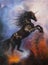 Beautiful painting of a black unicorn dancing in space
