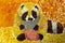 Beautiful painting of black white yellow raccoon on orange background painted by child with watercolor. Art, creativity.