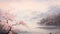 A beautiful painting capturing the essence of nature, featuring a tree adorned with pink flowers beside a serene body of water., A