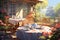 A beautiful painting capturing a serene garden scene with a table and chairs, Tea time terrace, AI Generated