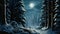 A beautiful painting capturing the tranquil atmosphere of a snowy forest illuminated by a full moon., A snowy forest with fir