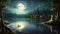 A beautiful painting capturing the tranquility of a swan gracefully floating in a moonlit lake, An enchanting moonlit lake with