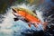 Beautiful painting of coho salmon jumping over water and splashing. Wildlife Animals. Illustration, Generative AI