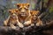 Beautiful painting of a family of lions resting under the trees in the forest. Wildlife Animals. Illustration, Generative AI