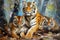 Beautiful painting of a family of tigers resting under the trees in the forest. Wildlife Animals. Illustration, Generative AI