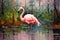 Beautiful painting of flamingo standing in the swamp in the forest. Bird, Wildlife Animals. Illustration, Generative AI