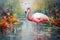 Beautiful painting of flamingo standing in the swamp in the forest. Bird, Wildlife Animals. Illustration, Generative AI