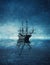 Beautiful painting of a ghost ship floating on the blue sea under the starry night sky. Wonderful seascape with a boat on the