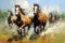 Beautiful painting of herd of horses is running in the middle of the meadow. Wildlife Animals. Illustration, Generative AI