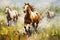 Beautiful painting of herd of horses is running in the middle of the meadow. Wildlife Animals. Illustration, Generative AI