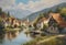 Beautiful painting of a riverside village in Europe