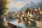 Beautiful painting of a riverside village in Europe