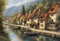 Beautiful painting of a riverside village in Europe