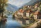 Beautiful painting of a riverside village in Europe