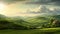 A beautiful painting showcasing a green landscape with a solitary house perched on top of a hill, A peaceful countryside with