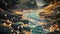 A beautiful painting showcasing a serene stream of water flowing through a lush forest, Flowing river of glittering gems, AI