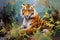 Beautiful painting of a tiger resting in the trees in the forest.Animals. Illustration, Generative AI