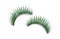 Beautiful pair of green false eyelashes on background, top view