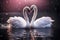 A beautiful pair of swans with their necks form a heart. Beautiful magical background.Mating games of a pair of white swans. Swans