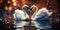 A beautiful pair of swans with their necks form a heart. Beautiful magical background.Mating games of a pair of white swans. Swans