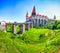 Beautiful panorama of the Hunyad Castle / Corvin`s Castle with wooden bridg