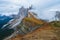 Beautiful panorama of Mount Seceda and Odle, surrounded by magnificent mountain ranges near the town of Ortisei in the Dolomites,