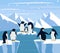 Beautiful panorama with natural arctic glacier and with group penguin. Panoramic landscape of north sea or arctic ocean snow