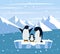 Beautiful panorama with natural arctic glacier and with group penguin. Panoramic landscape of north sea or arctic ocean snow