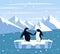 Beautiful panorama with natural arctic glacier and with group penguin. Panoramic landscape of north sea or arctic ocean snow