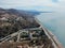 Beautiful panorama of the sea landscape in the rays of the sun in clear weather. Sea coast from altitude