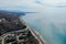 Beautiful panorama of the sea landscape in the rays of the sun in clear weather. Sea coast from altitude