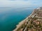 Beautiful panorama of the sea landscape in the rays of the sun in clear weather. Sea coast from altitude