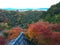 Beautiful panorama view of green and red autumn trees from small temple on mountain in arashiyama area