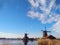 Beautiful panorama of Zaanse Scans in the Netherlands. Windmills on ponds and streams