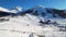 Beautiful panoramic aerial drone view of Sestriere village from above, famous ski resort in italian western Alps. Skiing