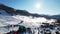 Beautiful panoramic aerial drone view of Sestriere village from above, famous ski resort in italian western Alps. Skiing