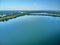 Beautiful panoramic aerial drone view to the confluence of the rivers Irtysh and Ulba in UST-KAMENOGORSK Oskemen, QAZAQSTAN