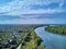 Beautiful panoramic aerial drone view to the confluence of the rivers Irtysh and Ulba in UST-KAMENOGORSK Oskemen, QAZAQSTAN