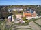 Beautiful panoramic aerial drone view to the Sandomierz Royal Castle - planting vines in the vineyard of St. Jakub - near the