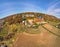 Beautiful panoramic aerial drone view to the Sandomierz Royal Castle - planting vines in the vineyard of St. Jakub - near the