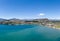 Beautiful panoramic high angle aerial drone view of the town of Wanaka, a popular ski and summer resort town