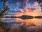 Beautiful panoramic landscape with colorful cloudy sky, lake and